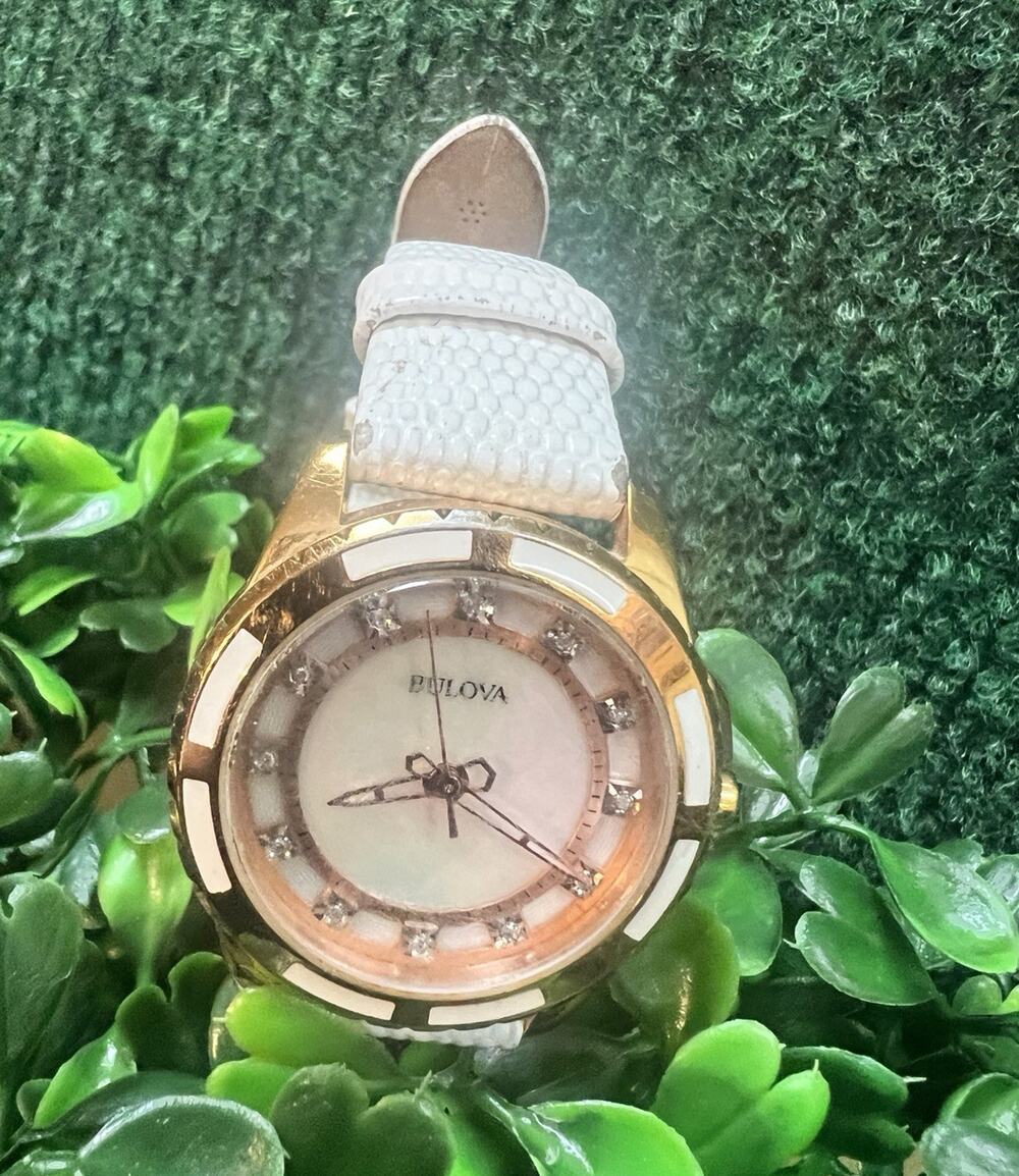 Bulova Women’s Quartz Analog Watch Diamond Markers Gold Case White Leather 32mm